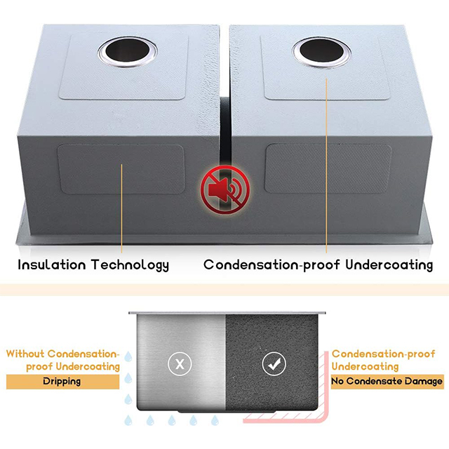 낮은 분배기가 있는 이중 그릇 주방 싱크의 33인치 드롭