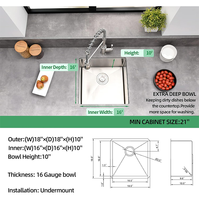 언더마운트 주방 싱크대 18 X 18 X 10인치 싱글 보울 바 싱크대